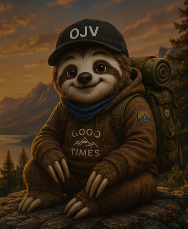 Mo Z, the friendly adventurer sloth, in his OJV cap and GOOD TIMES hoodie