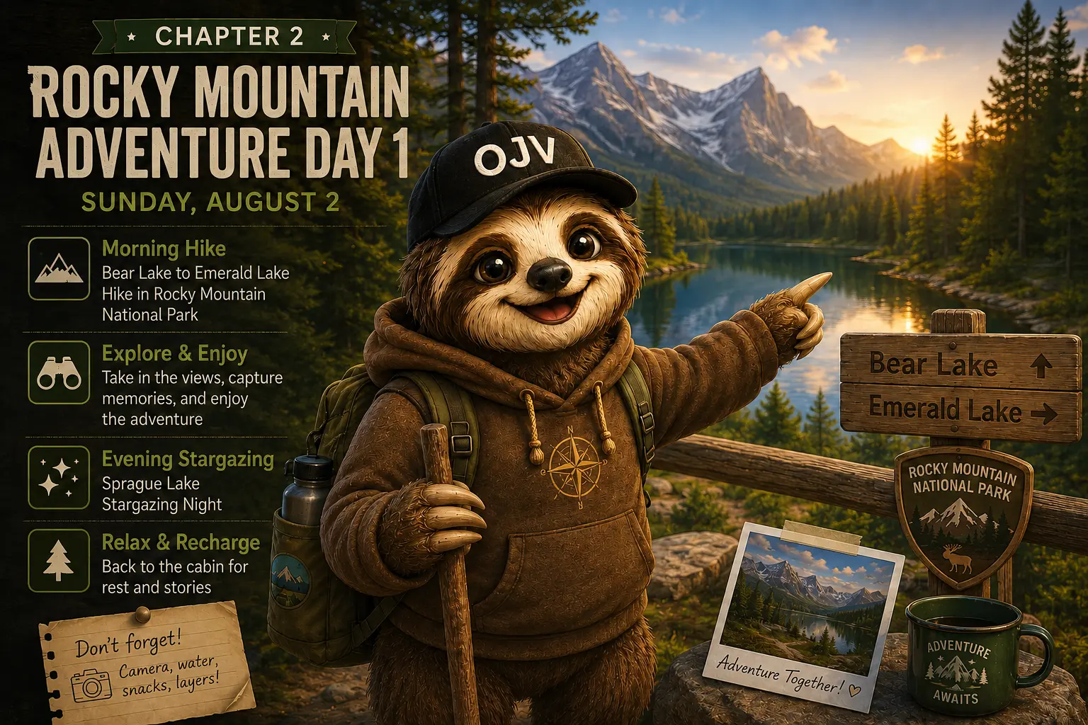 Sloth guide pointing toward Emerald Lake at sunset