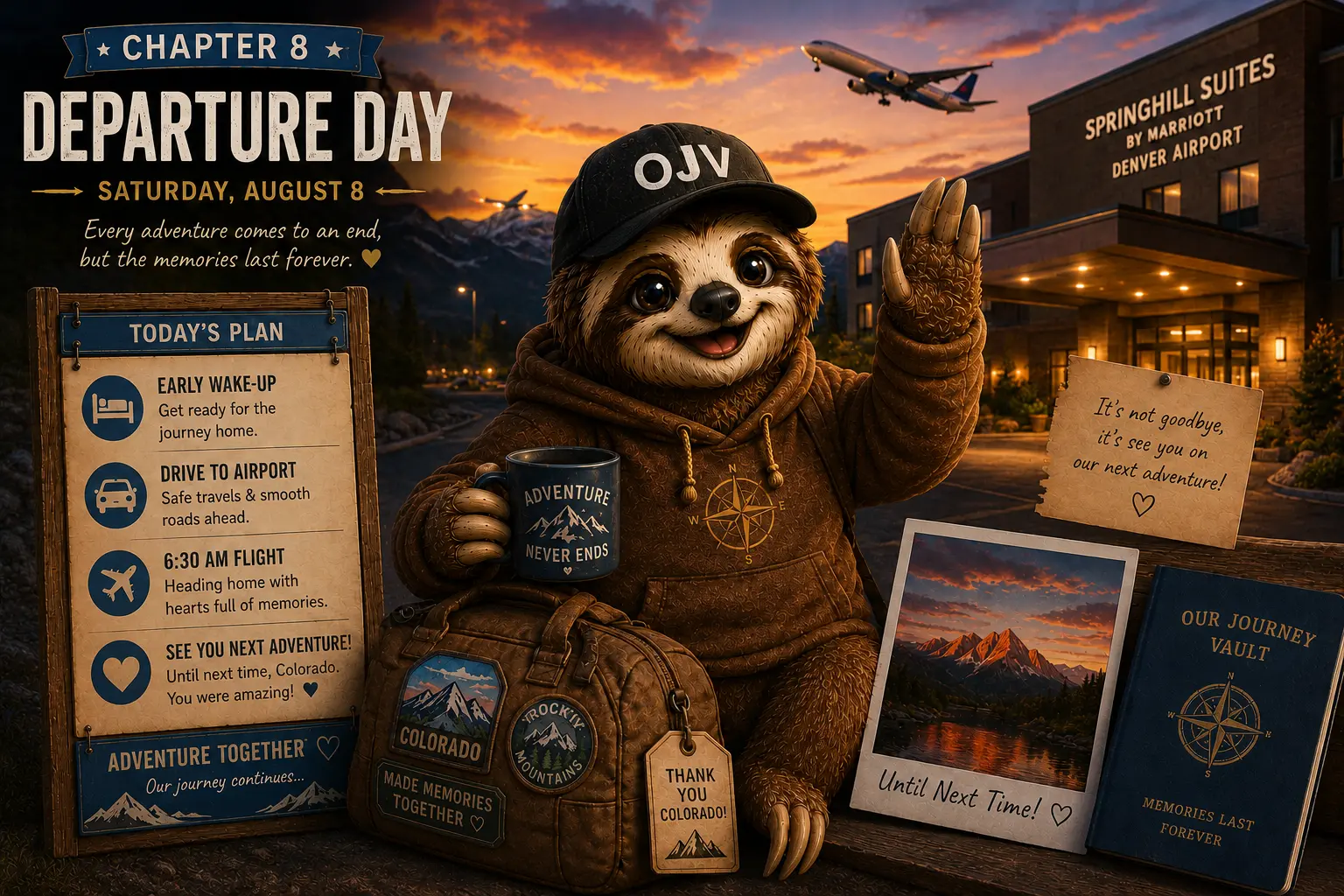 Sloth guide waving goodbye outside the Denver airport hotel